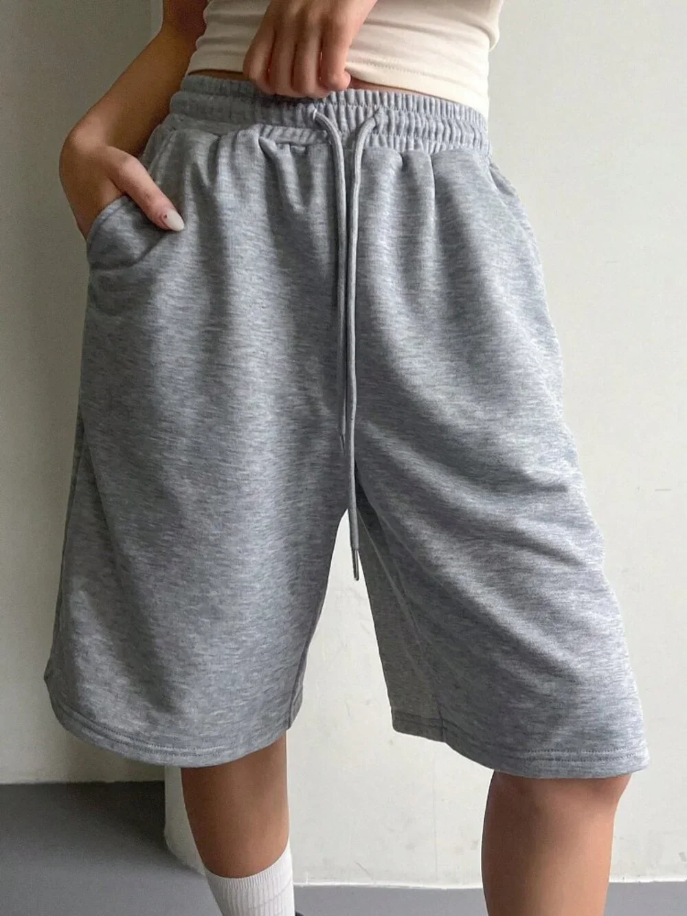 Light Grey Casual Women's Elasticated Drawstring Shorts